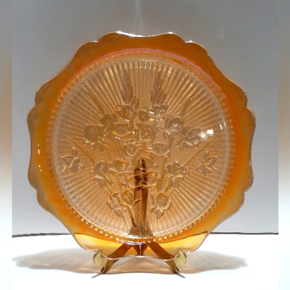 11" Vintage Iridescent Marigold Carnival Glass Iris Herringbone Plate